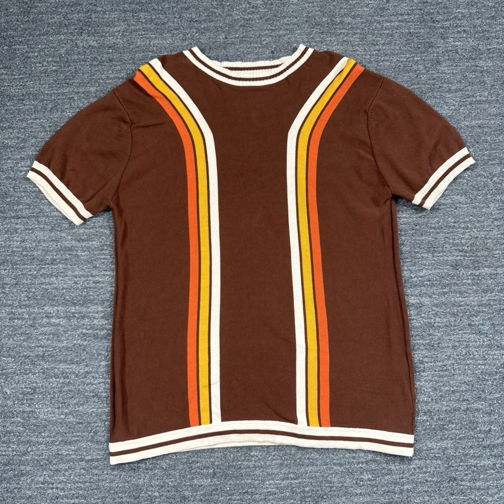 OXKNIT Short Sleeve Cotton Sweater Men XL  Brown Racing Stripe Retro Crew Neck